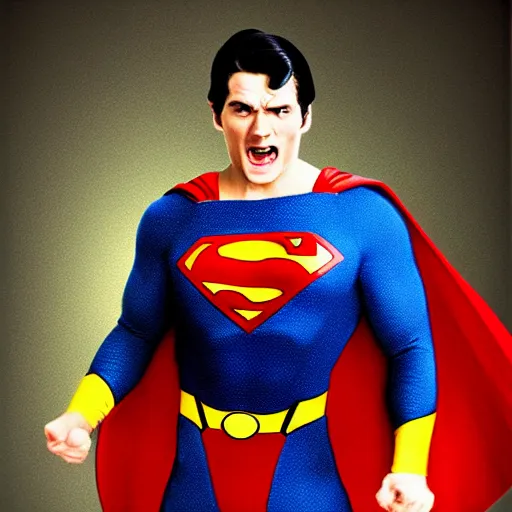 Prompt: Superman >yelling<<<< screaming! , body swelling about to explode, distress, mania, freaking out, insane