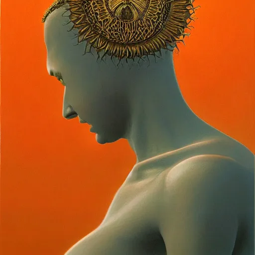 Prompt: evil magnificent gorgeous queen of the sun by zdzisław beksiński and jeffrey smith, oil on canvas, 8k high quality and resolution, professionally detailed, trending on artstation