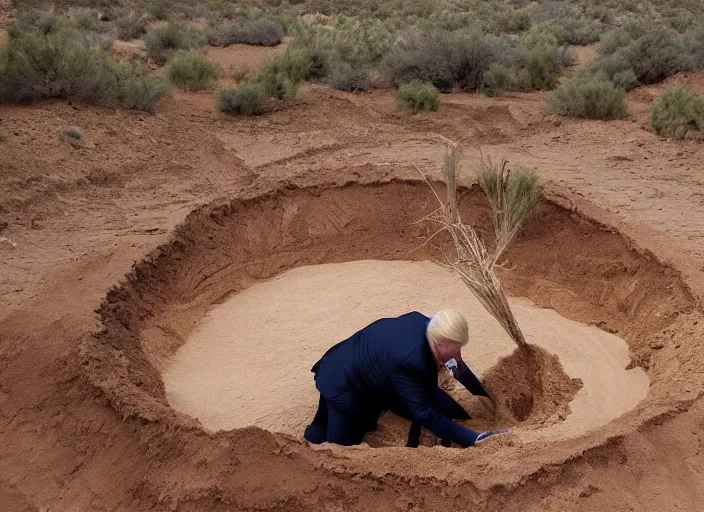 Image similar to obese donald trump digging a hole in the desert