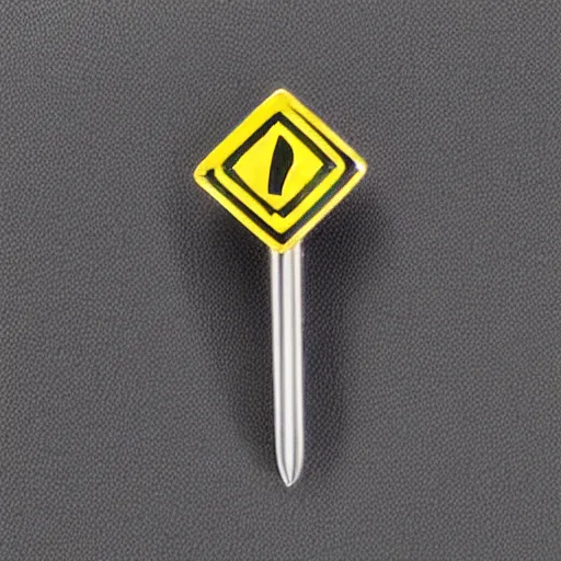 Prompt: a diamond enamel pin of a caution exclamation mark warning label, smooth curves, dribble