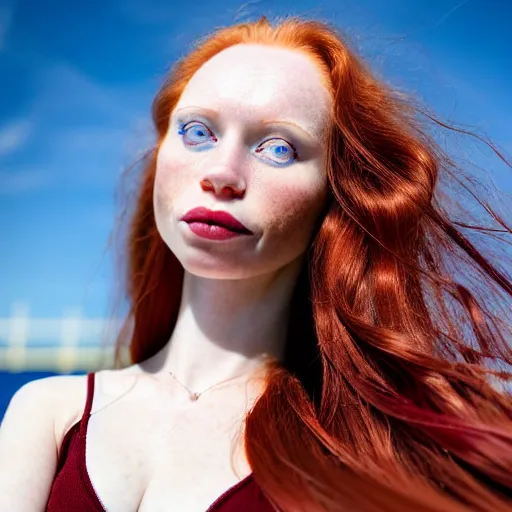 Image similar to close up portrait photograph of a thin young redhead woman with russian descent, sunbathed skin, with deep blue eyes. Wavy long maroon colored hair. she looks directly at the camera. Slightly open mouth, with a park visible in the background. 55mm nikon. Intricate. Very detailed 8k texture. Sharp. Cinematic post-processing. Award winning portrait photography. Sharp eyes.