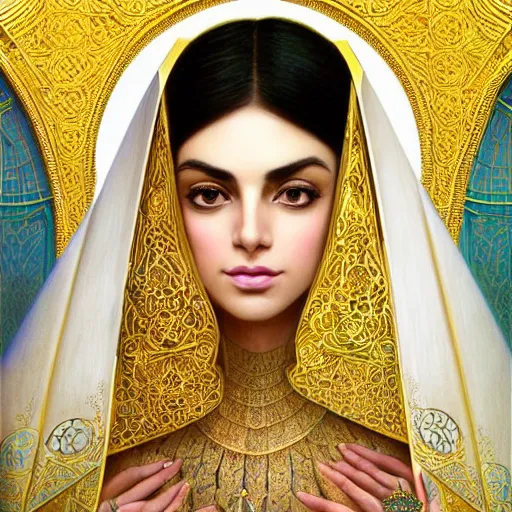 Image similar to Beautiful portrait of a Persian Princess who is an architect, beautiful princess, face painting, architecture, persian style architecture, dramatic lighting, intricate, wild, highly detailed, digital painting, artstation, concept art, smooth, sharp focus, illustration, gold+yellow+white+Turquoise, art by artgerm and greg rutkowski and alphonse mucha, footage from space camera