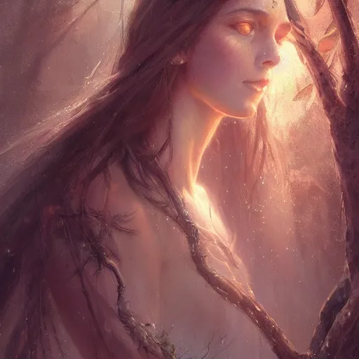 Image similar to a beautiful portrait of a tree goddess by Greg Rutkowski and Raymond Swanland, Trending on Artstation, ultra realistic digital art