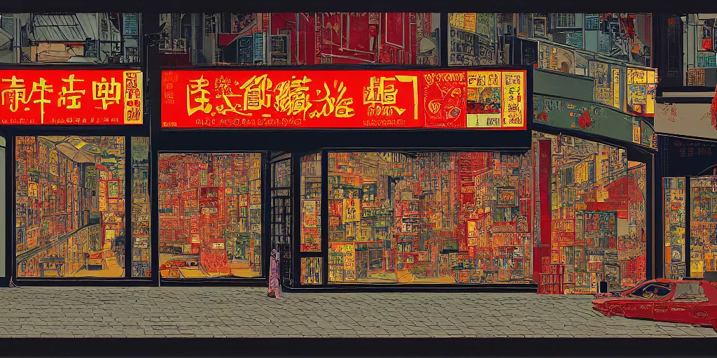 Image similar to a shop window in hong kong, by dan mumford and peter doig and edward hopper, minimal, black in, thick lines highly detailed, muted colours, overlaid with chinese adverts, 8 k