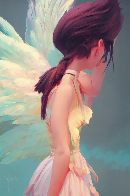 Image similar to a portrait of girl with two wings on her back and feathers. vivid colors, soft lighting, atmospheric, cinematic, moody, in the style of Ilya Kuvshinov and Range Murata, Krenz Cushart, rule of thirds, oil on canvas, 8k