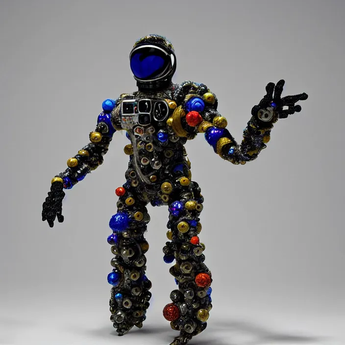 Image similar to a cybernetic symbiosis of a single astronaut mech-organic eva suit made of pearlescent wearing anodized thread knitted shiny ceramic multi colored yarn thread infected with kevlar,ferrofluid drips,carbon fiber,ceramic cracks,gaseous blob materials and diamond 3d fractal lace iridescent bubble 3d skin dotted covered with orb stalks of insectoid compound eye camera lenses orbs floats through the living room, film still from the movie directed by Denis Villeneuve with art direction by Salvador Dalí, wide lens,