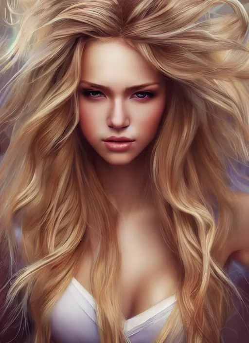 Image similar to picture of a gorgeous female with long blonde hair in the style of stefan kostic, realistic, full body shot, wide angle, sharp focus, 8 k high definition, insanely detailed, intricate, elegant, art by stanley lau and artgerm, floating embers