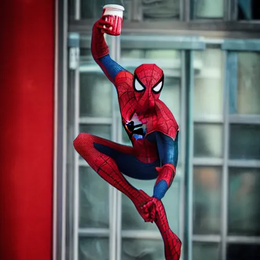 Prompt: spiderman is drinking a coca cola