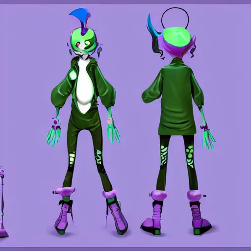 Image similar to character design sheets for a nonbinary gothic manta ray person who sells empty spray paint cans as a scam and is always covered in paint and clay and acting shady, designed by splatoon nintendo, inspired by tim shafer psychonauts 2 by double fine, cgi, professional design, gaming