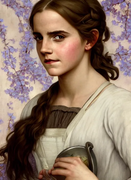 Image similar to portrait emma watson as maid in the kitchen, full length shot, shining, 8k highly detailed, sharp focus, illustration, art by artgerm, mucha, bouguereau