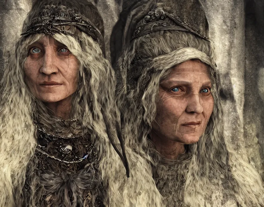 Image similar to a female viking seer witch in the village. Highly detailed. 8k. Fantasy horror.