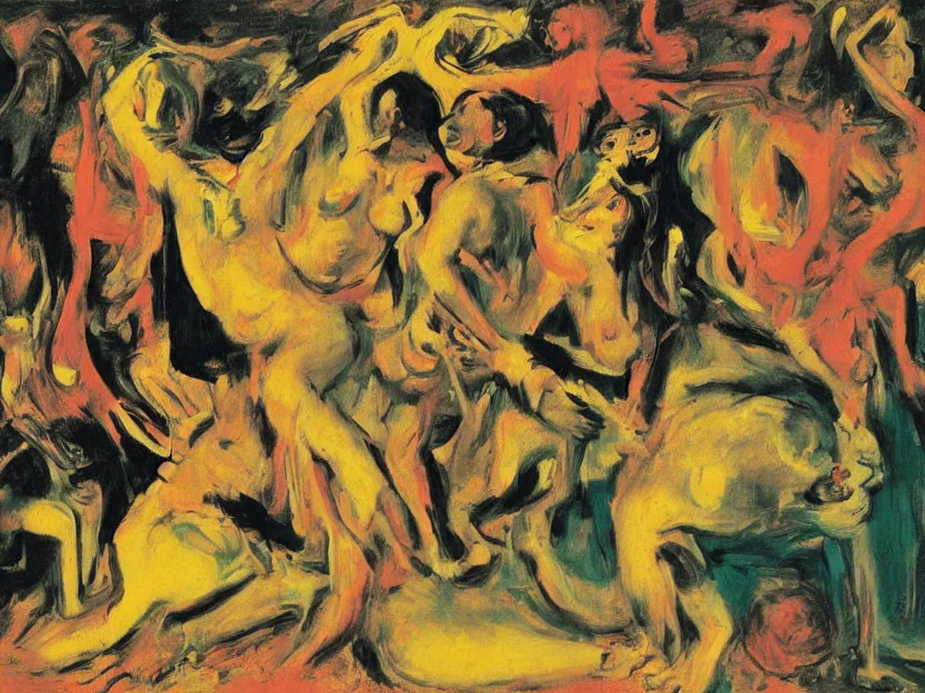 Prompt: surreal, tribal dance, art by willem de kooning, gustave courbet