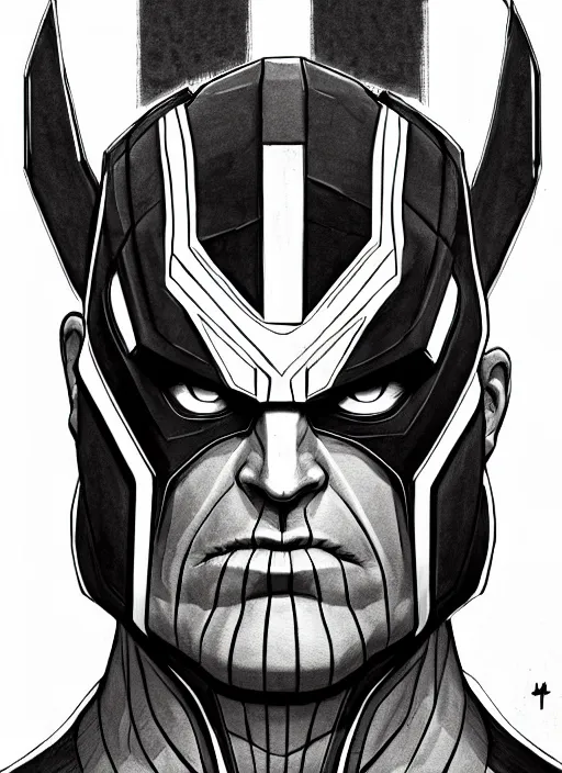 Image similar to symmetry concpet art, full shot, traditional ink, sketch, of thanos, line sketch, intricate, elegant, highly detailed, monochrome, digital painting, artstation, concept art, sharp focus, illustration, art by borderlands 3 and peter polach