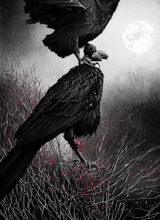 Image similar to portrait, A crow in front of the full big moon, book cover, red white and black colors, establishing shot, extremly high detail, foto realistic, cinematic lighting, pen and ink, intricate line drawings, by Yoshitaka Amano, Ruan Jia, Kentaro Miura, Artgerm, post processed, concept art, artstation, matte painting, style by eddie mendoza, raphael lacoste, alex ross