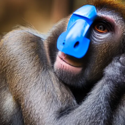 Image similar to photograph of a monkey showing a blue pen towards the camera, 4 k, full hd, highly detailed, close up