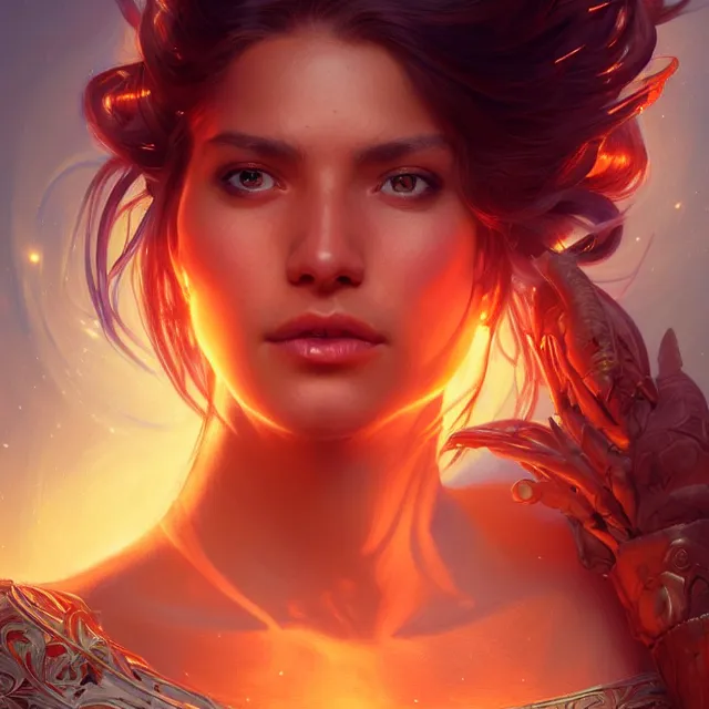 Prompt: detailed portrait of beautiful fantasy female warrior, symmetry, highly detailed, digital painting, glowing shiny skin, iridescence, neon particles, fire particles, raytracing, fire, light, subsurface scattering, artistic, concept art by artgerm, greg rutkowski, alphonse mucha, artstation render,
