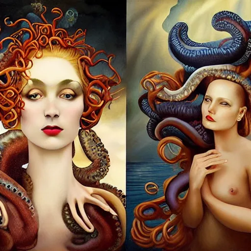 Image similar to dynamic composition, a painting of a woman with hair of octopus tentacles and sea anemones wearing ornate earrings, a surrealist painting by tom bagshaw and jacek yerga and tamara de lempicka and jesse king, featured on cgsociety, pop surrealism, surrealist, dramatic lighting, wiccan, pre - raphaelite, ornate gilded details