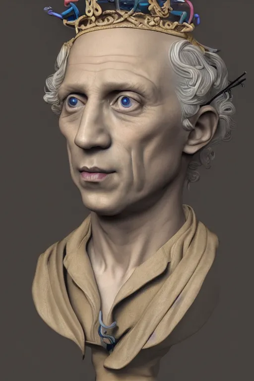 Prompt: a realistic porcelain rococo style bust of handsome young Pablo Picasso prince with colored pipecleaners for a crown and suspended in outer space, photorealism, octane render, depth of field, 8k, 35mm, artgem, Trending on artstation