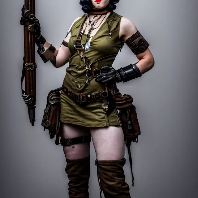 Image similar to full length photo of a very beautiful female dieselpunk warrior, 8 k, hdr, smooth, sharp focus, high resolution, award - winning photo