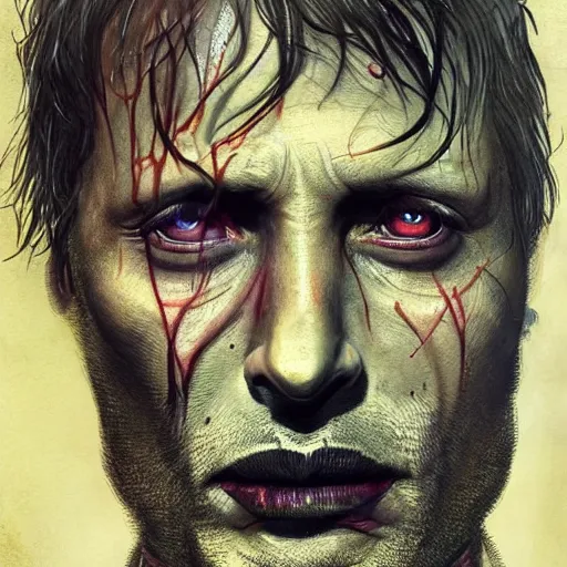 Image similar to a Demon Slayer portrait of Mads Mikkelsen, tall, pale-skinned, slender with lime green eyes and long eyelashes by Stanley Artgerm, Tom Bagshaw, Arthur Adams, Carne Griffiths, trending on Deviant Art, street art, face enhance, chillwave, maximalist, full of color, glittering