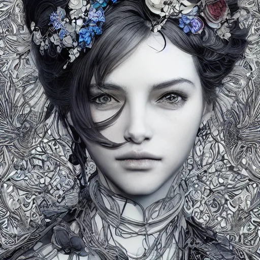 Image similar to the face of an absurdly beautiful, graceful, elegant, sophisticated woman made of blueberries and blackberries, an ultrafine hyperdetailed illustration by kim jung gi, irakli nadar, intricate linework, bright colors, octopath traveler, final fantasy, unreal engine 5 highly rendered, global illumination, radiant light, detailed and intricate environment