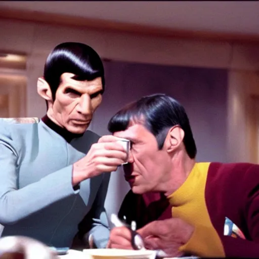 Prompt: photo of mr spock drinking coffee with a klingon, cinematic, movie still