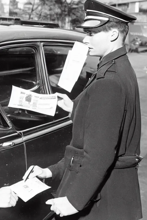 Image similar to a 1 9 5 0 s police officer issuing a ticket on a car