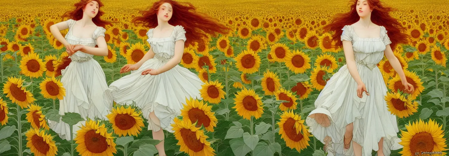 Image similar to beautiful young girl dancing in a fiery dress in a beautiful field of sunflowers and lilies, like leonardo da vinci sketches! in the style of studio ghibli, j. c. leyendecker, greg rutkowski, artgerm