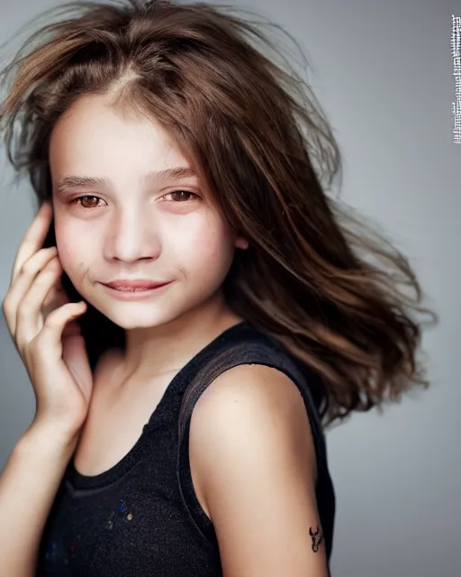 Image similar to photo portrait 1 5 - year old girl with lush brown hair, large front teeth, and bright piercing brown eyes, hyper realistic face, beautiful eyes, by mario testino