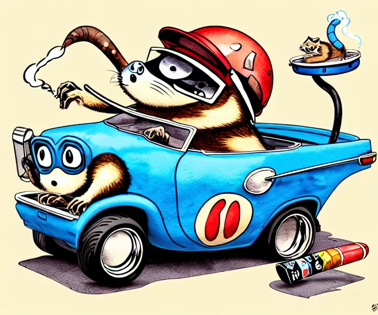 Image similar to cute and funny, racoon smoking cigar, racoon wearing a helmet, racoon riding in a tiny hot rod coupe with oversized engine, ratfink style by ed roth, centered award winning watercolor pen illustration, isometric illustration by chihiro iwasaki, edited by range murata