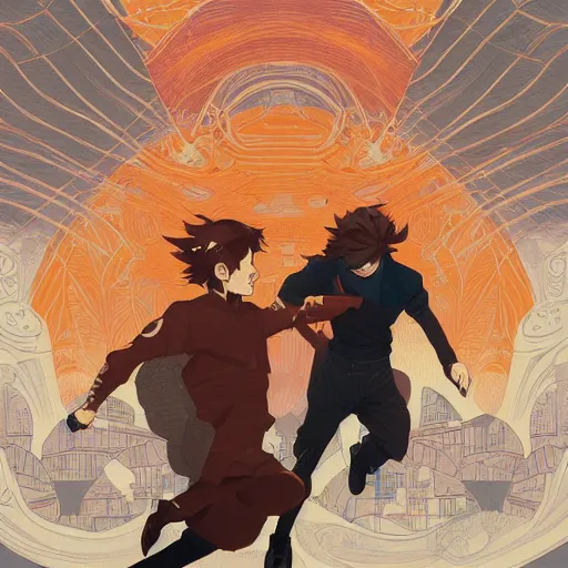 Image similar to a drawing of a young man with brown hair and a young muscular man with orange hair running frantically together, a poster by victo ngai and krenz cushart, pixiv contest winner, art nouveau, official art, wiccan. colorful. beautiful.