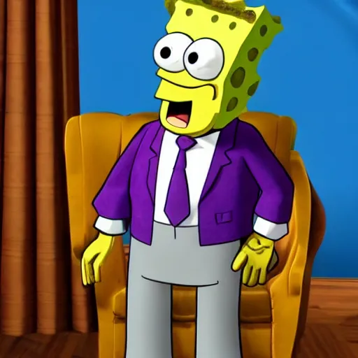 Prompt: Official Portrait of Spongebob, 3d, unreal engine 47th President of the United States, Highly Detailed, Formal, Purple Tie