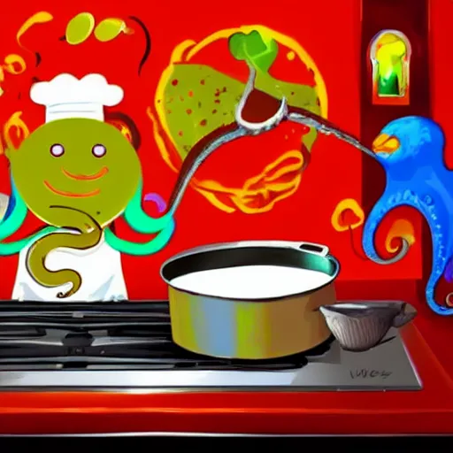 Prompt: anthropomorphic octopus chef cooking a delicious colorful soup, digital painting, youtube video thumbnail