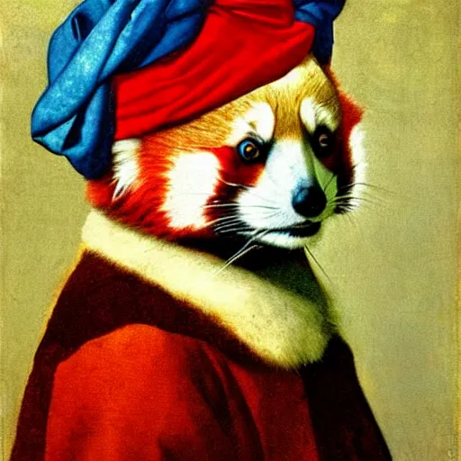 Prompt: a red panda with a pearl earring by johannes vermeer