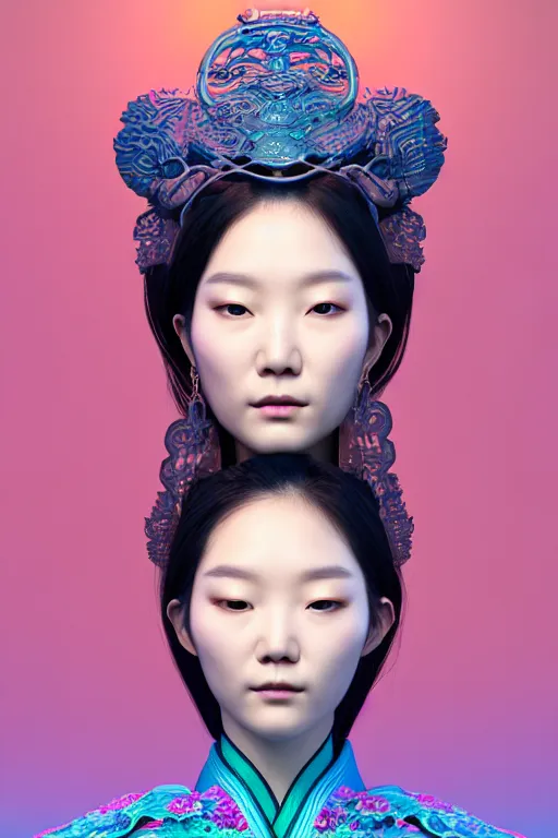 Prompt: 3 d goddess medium shot profile portrait. beautiful intricate highly detailed korean gumiho mask and traditional korean hanbok. stingray, magpie, bio luminescent, plasma, lava, ice, water, wind, creature, volumetric lighting, artwork by tooth wu and wlop and beeple and greg rutkowski, trending on artstation,