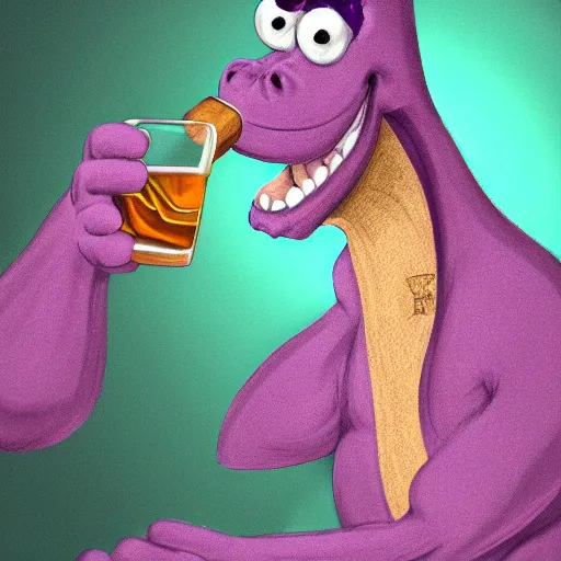 Prompt: barney the purple dinosaur from kids show drinking whisky and smoking a cigar, portrait art, digital art, trending on artstation