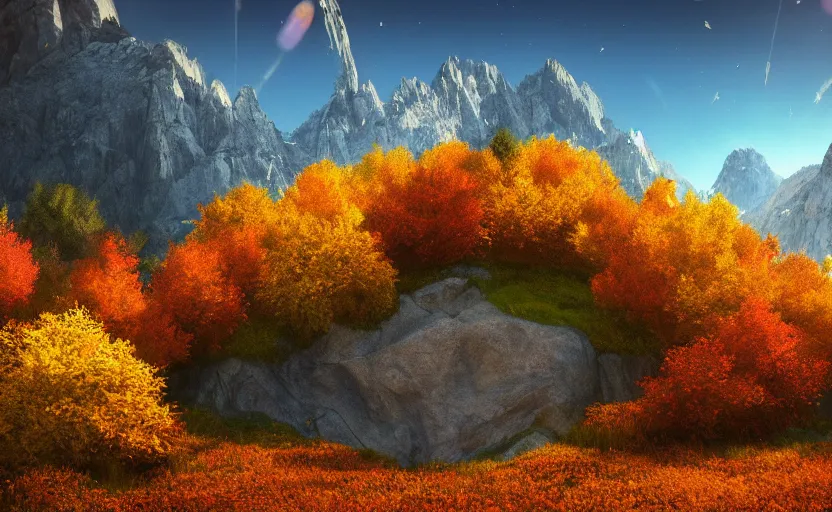 Image similar to mountain landscape in autumn!!!, flowers, trees, bright landscape, dreamy light, sunny, floating particles, complementary palette, by and jacek yerga and jesse king, pop surrealist, wiccan, unreal engine, bokeh, detailed