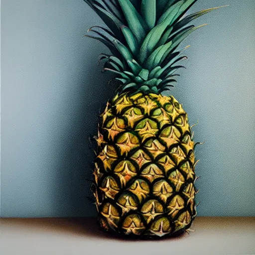 Image similar to A beautiful still life oil painting of a pineapple lying on a silk cloth, fog, volumetric lighting, summer, hyperrealistic, hyperdetailed.