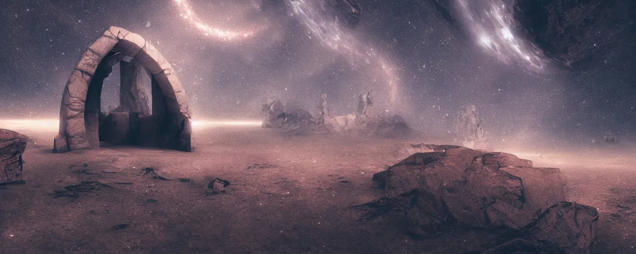 Image similar to improbability, fantasy landscape, door portal, cinematic, low angle, galaxies in the sky, octane render