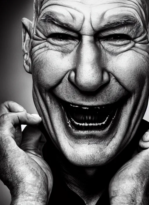 Image similar to photo of Patrick Stewart as the Joker by Lee Jeffries, horror, big smile, detailed, award winning, Sony a7R, trending on artstation