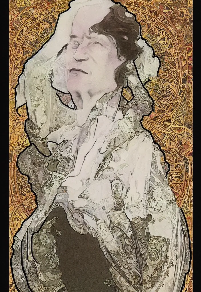 Image similar to realistic white - haired geoffrey hinton in a crown with neural networks on a tarot card, tarot in art style by alphonse mucha