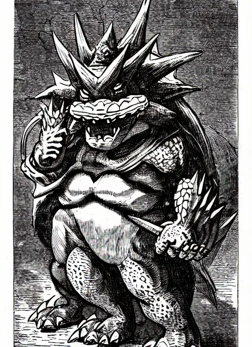 Image similar to illustration of bowser the king koopa as a demon from the dictionarre infernal, etching by louis le breton, 1 8 6 9, 1 2 0 0 dpi scan, ultrasharp detail, clean scan