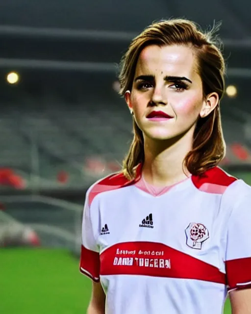 Image similar to a portrait of emma watson as a lokomotiv football player, hyper realistic