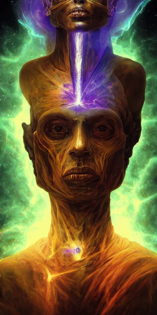 Prompt: intense glowing egyptian mummy god with ancient bandages and intense black eyes with a skull in very dark cosmic nebula by artgerm and beksinski and alphonse mucha, portrait, fantasy, clear, light beams, lens flare, intense, pharoah, throne, uhd, amazing depth, cinematic lighting, black and purple and shining gold