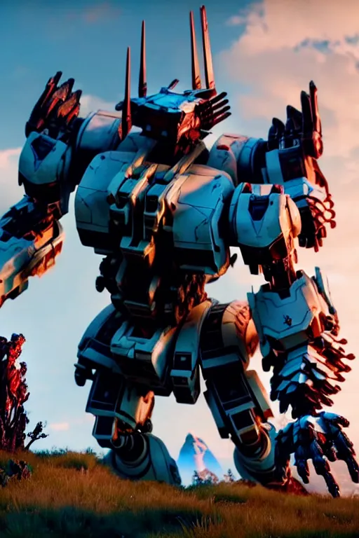 Image similar to a cinematic still from horizon zero dawn and pacific rim and westworld, full body mech, gundam, intact humanoid servo, octane render, nvidia raytracing demo, masterpiece, aged armor plating, decipticon armor plating, aggressive head, endoekeleton exposure