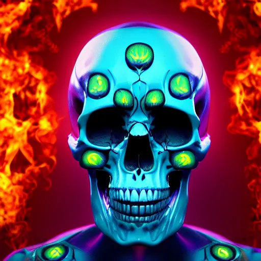 Prompt: a highly detailed human skull with intricate designs with fire for eyes on fire in front of a neon blue background, 3 d, colorful, octane render, symmetrical, hyper realism, highly detailed, digital art, artstation, concept art, cinematic lighting, strong bokeh, trending