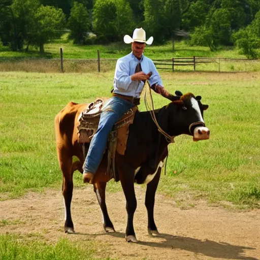 a cowboy riding a cow next to the ozarks | Stable Diffusion