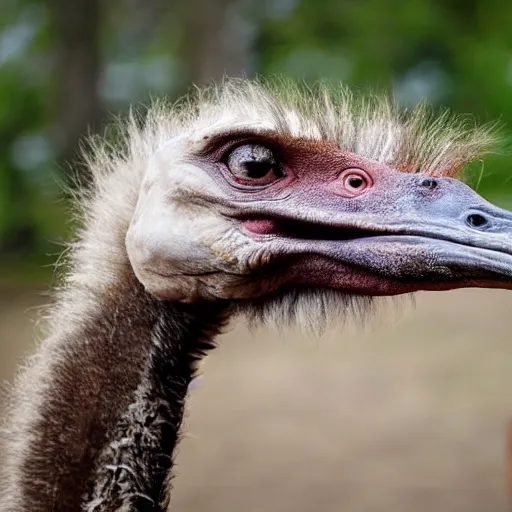 Image similar to ostrich and velociraptor hybrid animal, realistic picture, taken in zoo