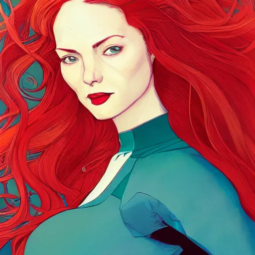 Image similar to portrait of jean grey, a beautiful woman in her 3 0 s, with red hair and green eyes, detailed face, beautiful face, delicate features, smooth, sharp focus, graphic novel, art by james jean and victo ngai and david rubin,