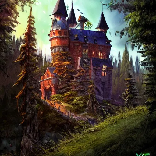 Image similar to mideval fantasy castle in an epic forrest clearing in style of Jhonen Vasquez,dawn,photorealistic,detailed,trending on artstation